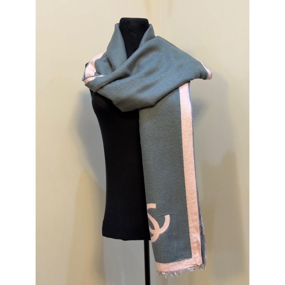 Chanel Paris Silk Wool Scarf Sage Green Pink CC Logo Wrap Shawl Made in Italy